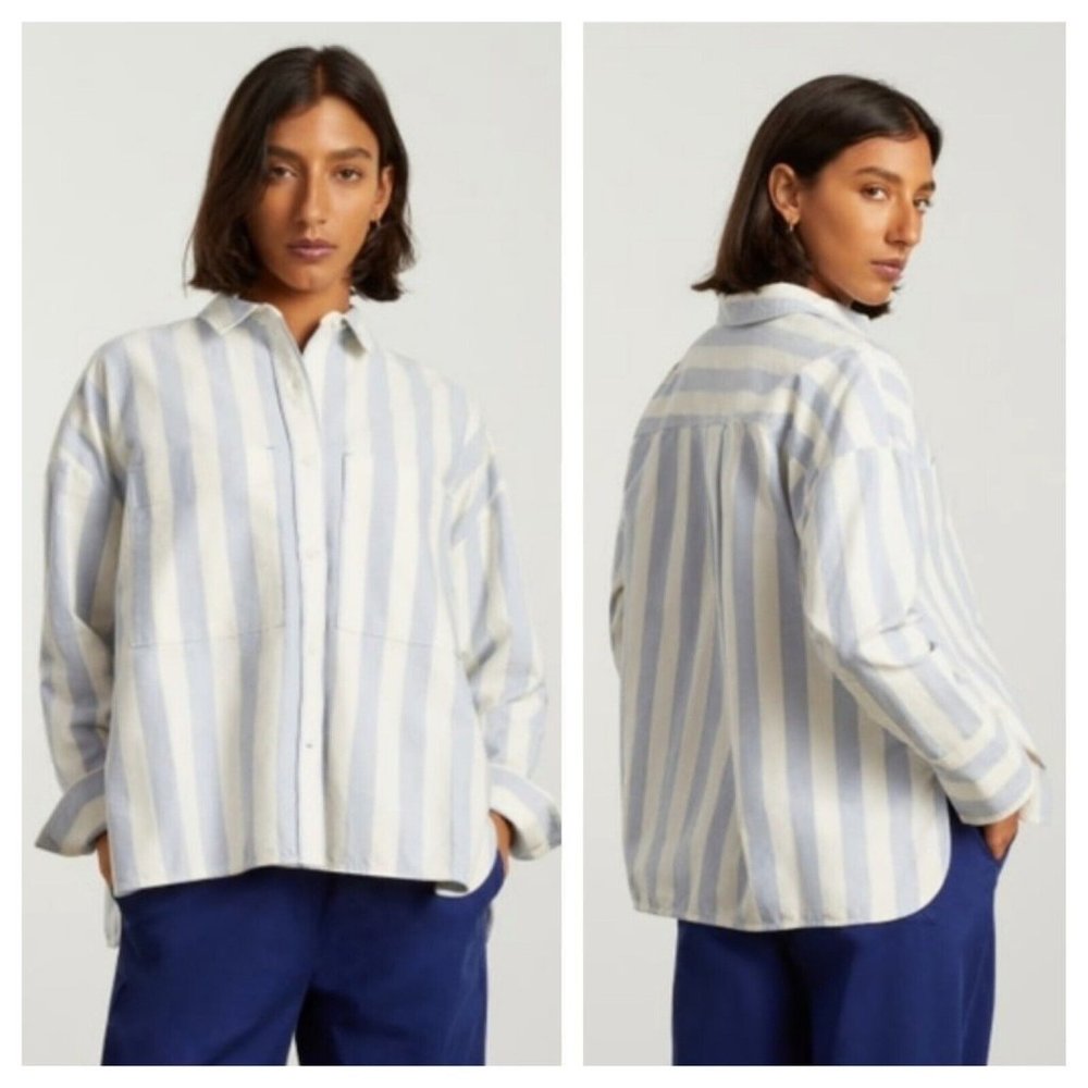 NWOT Everlane Womens The Boxy Oxford Size XXS Button Front Striped Blue/White
